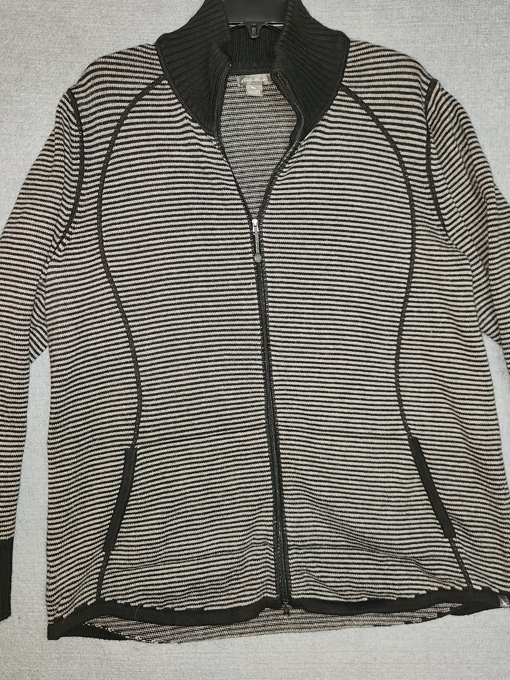 Eddie Bauer Black & Cream Striped Zip-Up Bomber Jacket #324